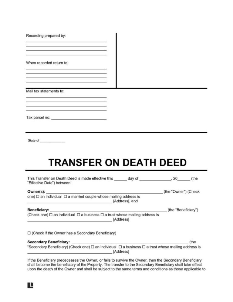Free Transfer on Death Deed Form PDF Word