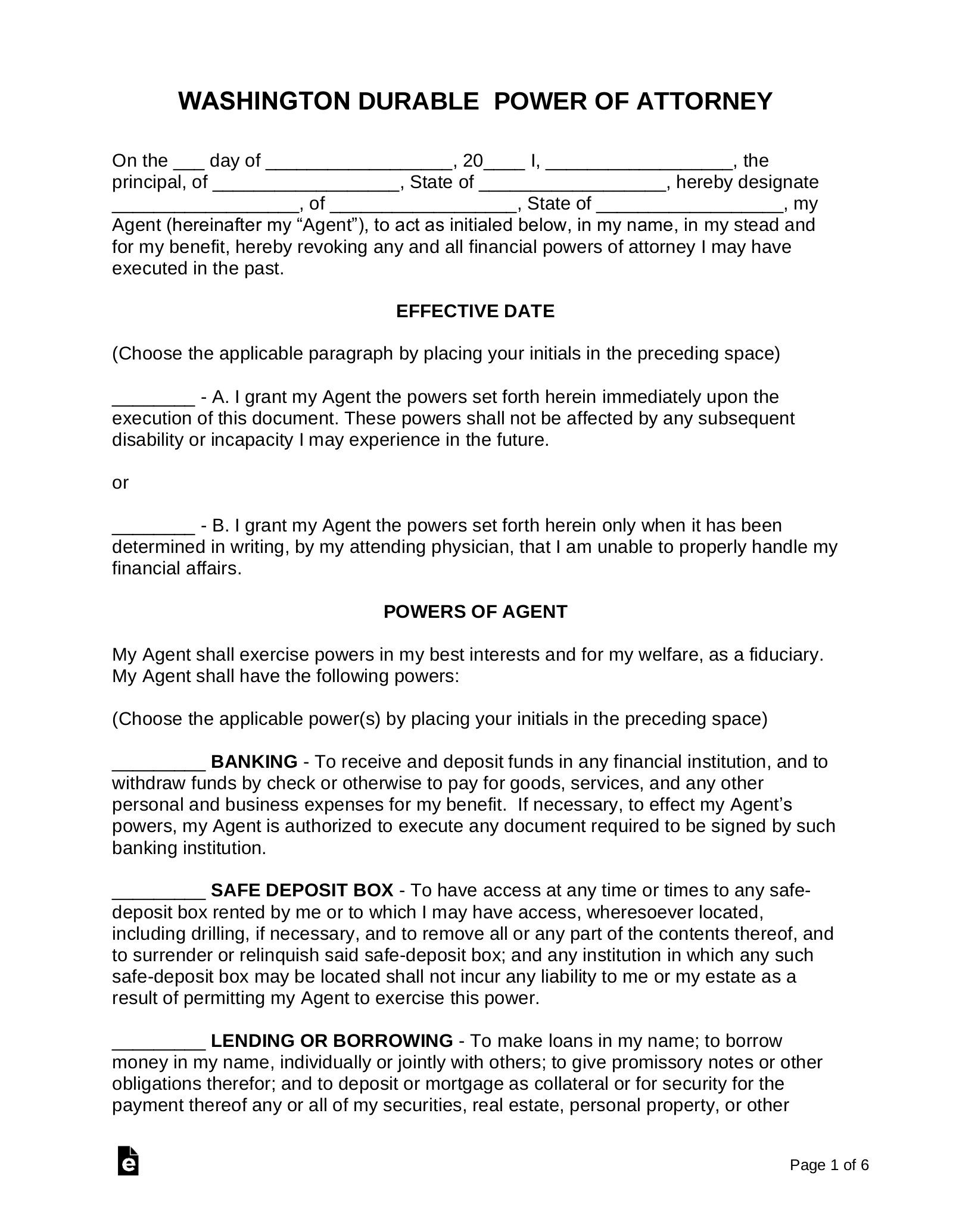 Free Washington Durable Financial Power Of Attorney Form PDF Word 