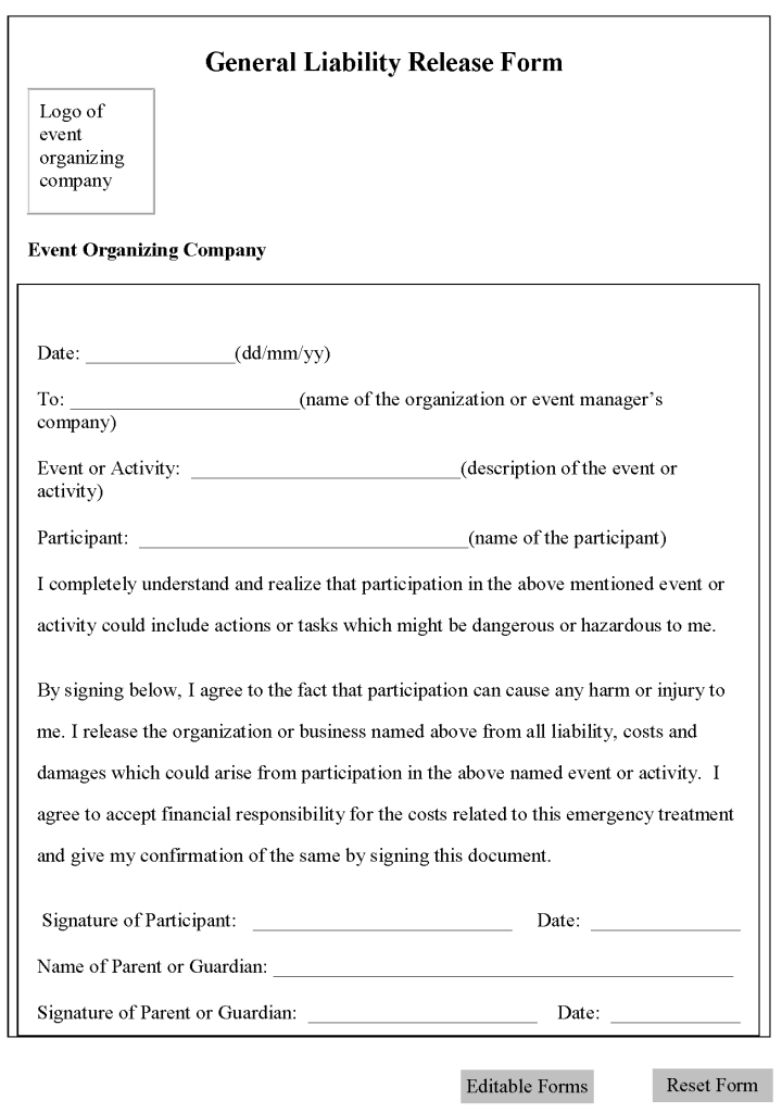 General Liability Release Form Free Printable Documents