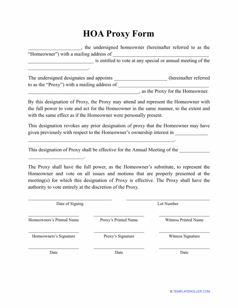Hoa Proxy Form Fill Out Sign Online And Download PDF Templateroller