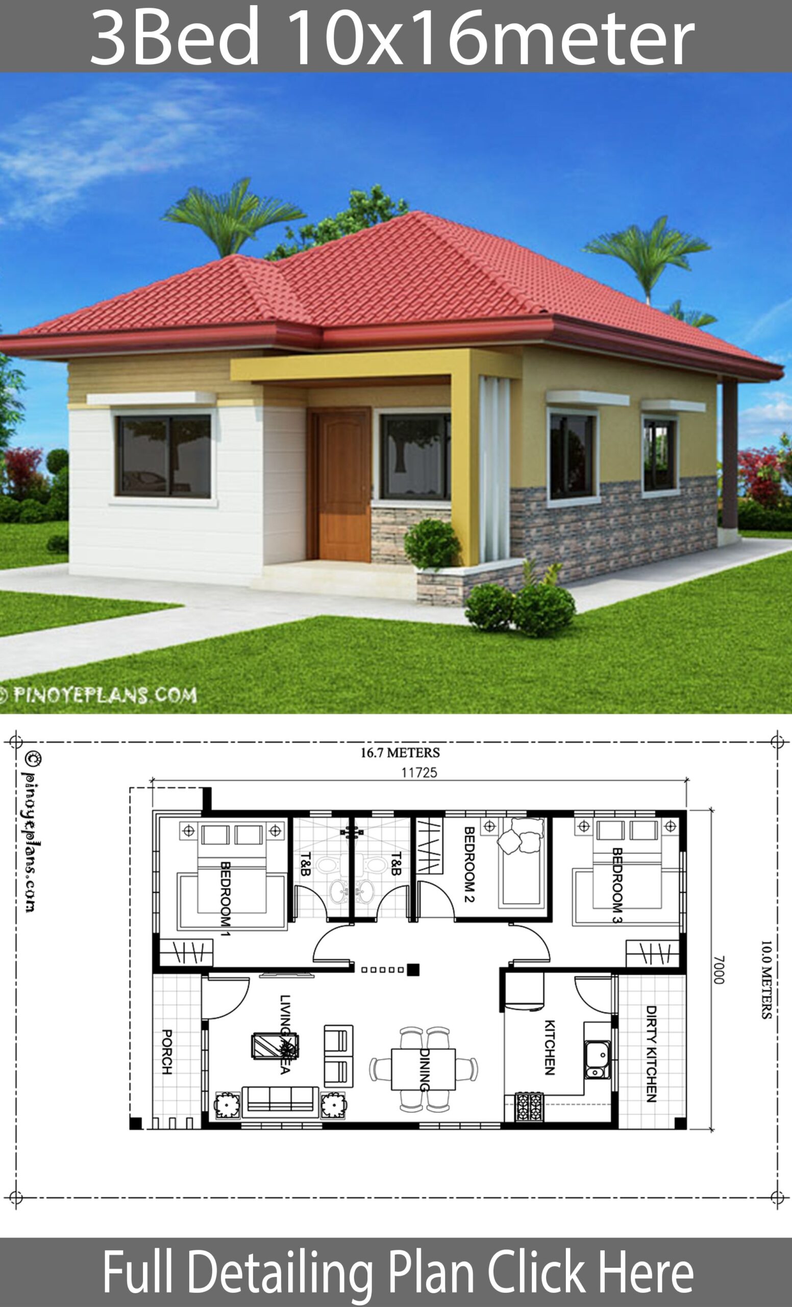 Home Design 10x16m With 3 Bedrooms House Plan Map House