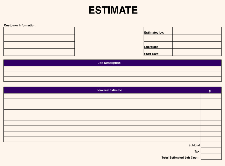 Job Estimate Blank Free Printable Estimate Forms Printable Forms Free 