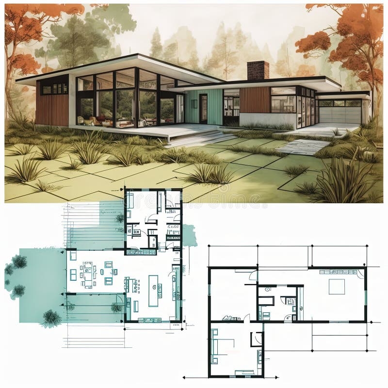 Mid Century Modern House Plan Residential Villa Exterior And Blueprint 