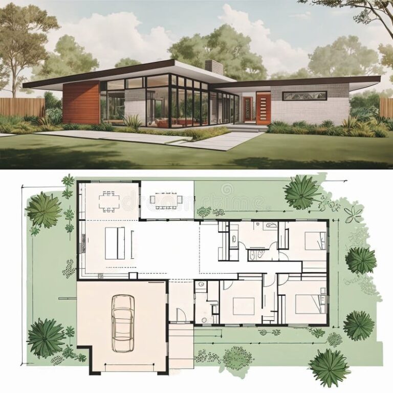 Mid Century Modern House Plan Residential Villa Exterior And Blueprint 