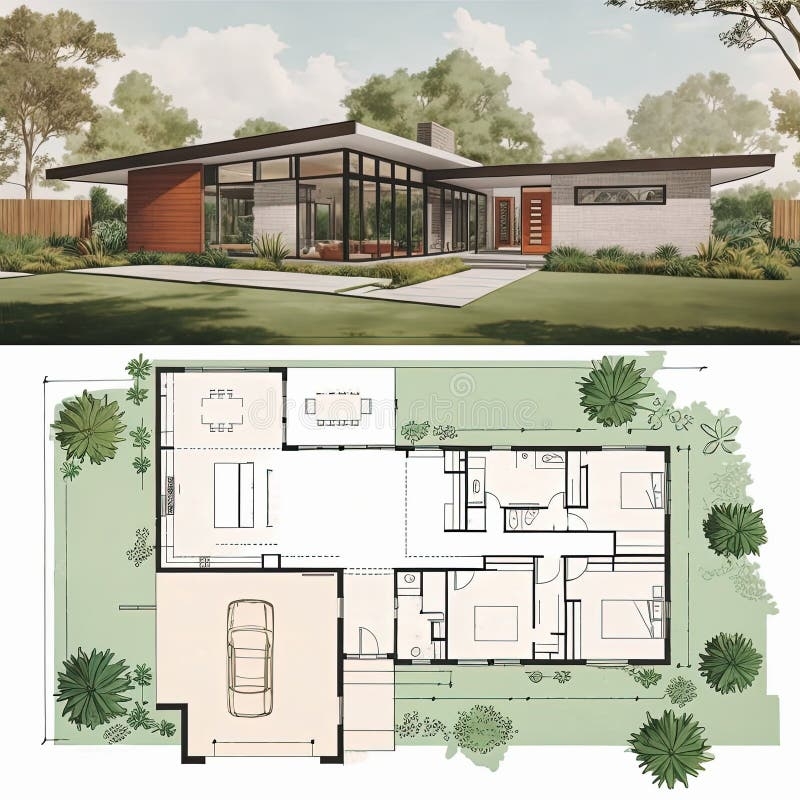 Mid Century Modern House Plan Residential Villa Exterior And Blueprint 