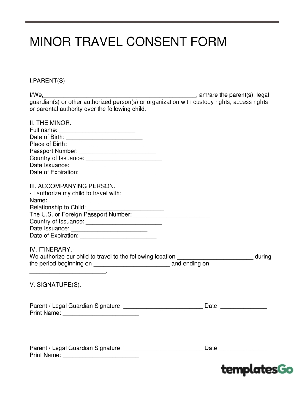 Minor Travel Consent Form W 3 Editable Templates