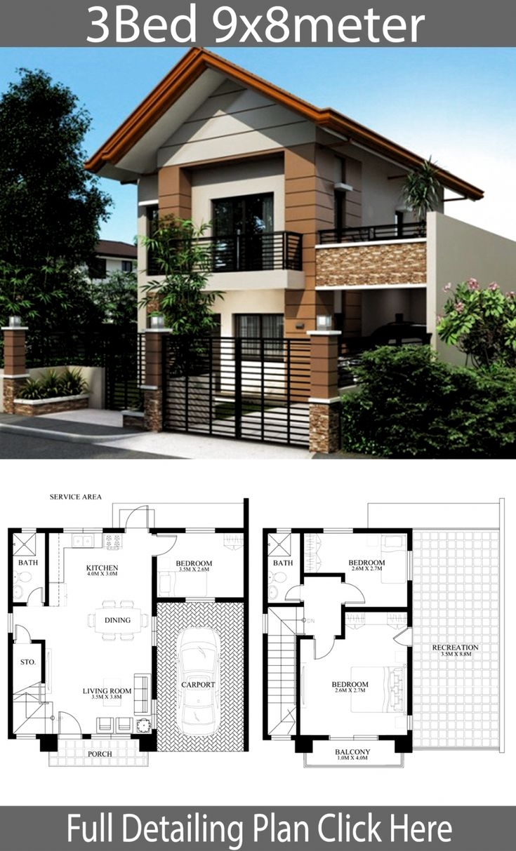 Modern Home Design Plan 9x8m With 3 Bedrooms