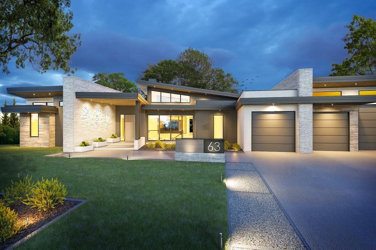 One Level Modern Home Plan With Angled Garage And Master Retreat 