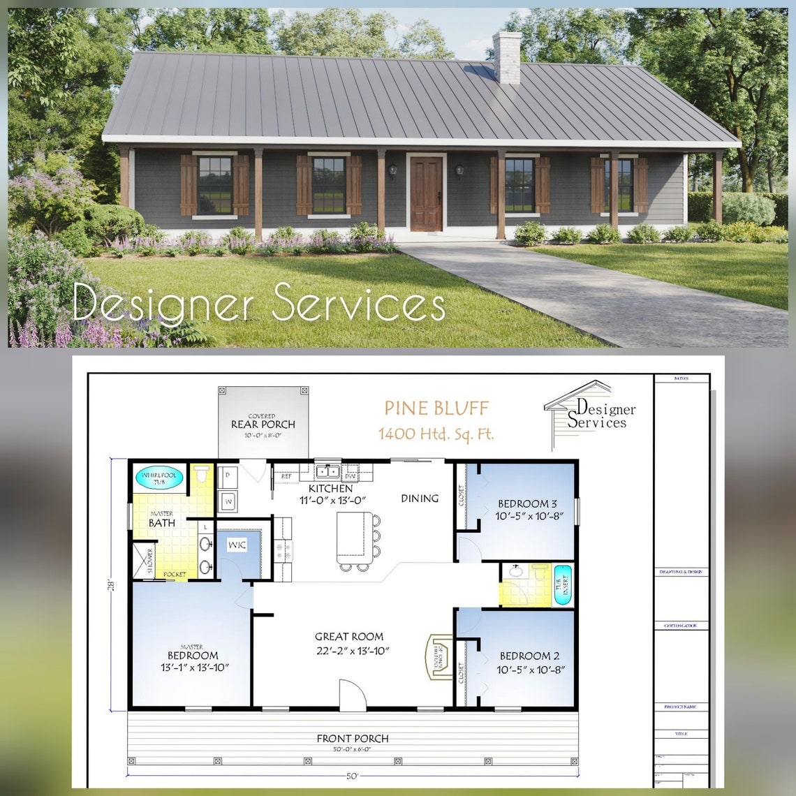 Pine Bluff House Plan 1400 Square Feet Etsy