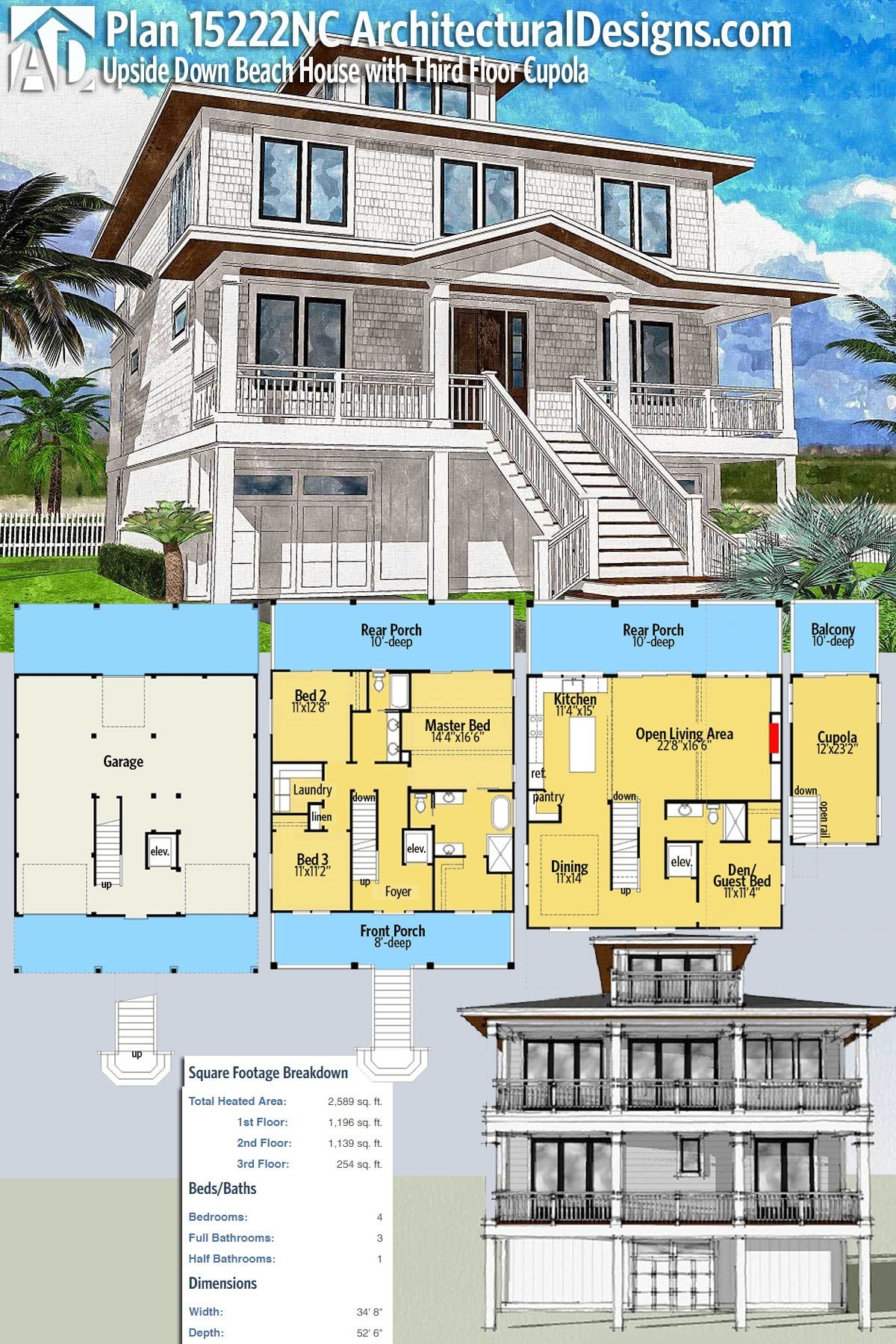 Plan 15222NC Upside Down Beach House With Third Floor Cupola Coastal Plan 15222NC Upside Down Beach House With Third Floor Cupola Coastal