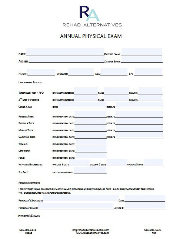 Printable Annual Physical Exam Form Printable Forms Free Online