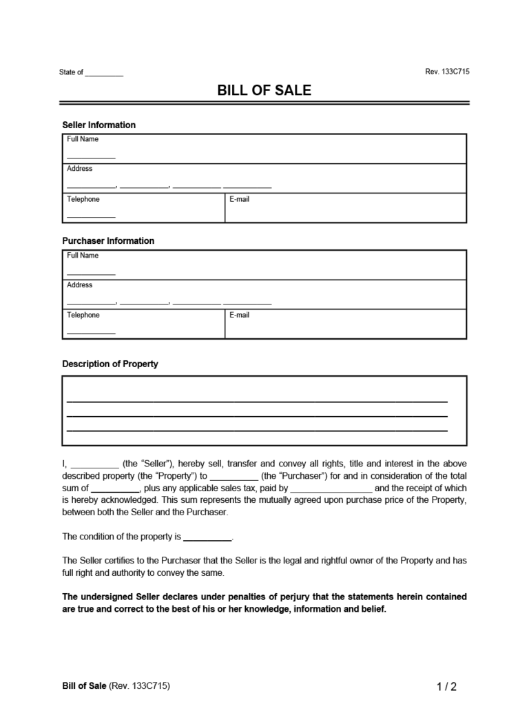Printable Blank Bill Of Sale Form
