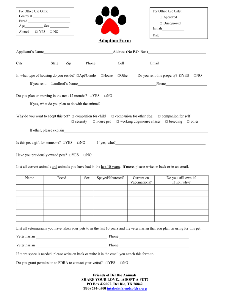 Printable Blank Pet Adoption Forms