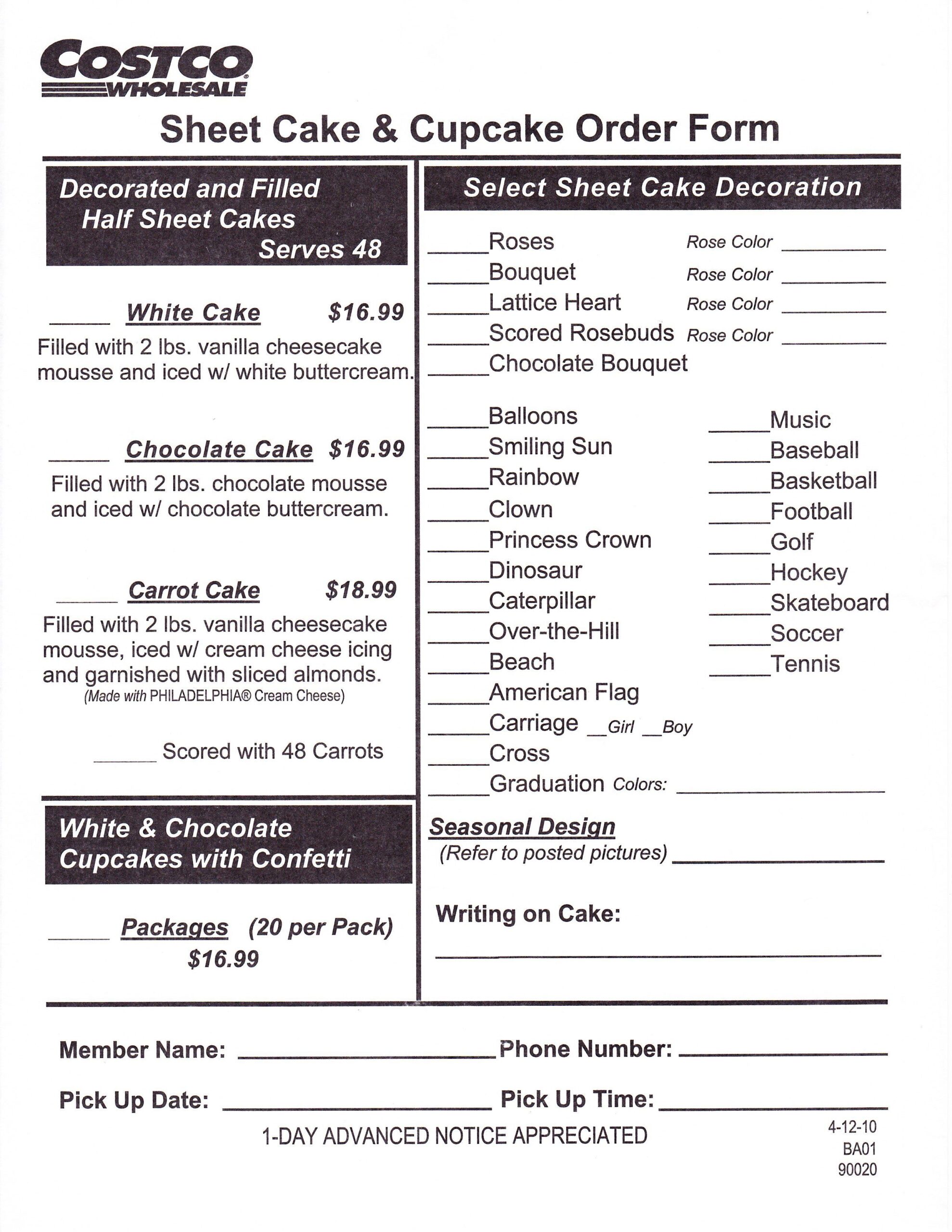 Printable Costco Cake Order Form