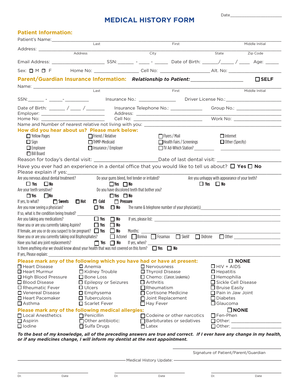 Printable Dental Health History Form Printable Forms Free Online