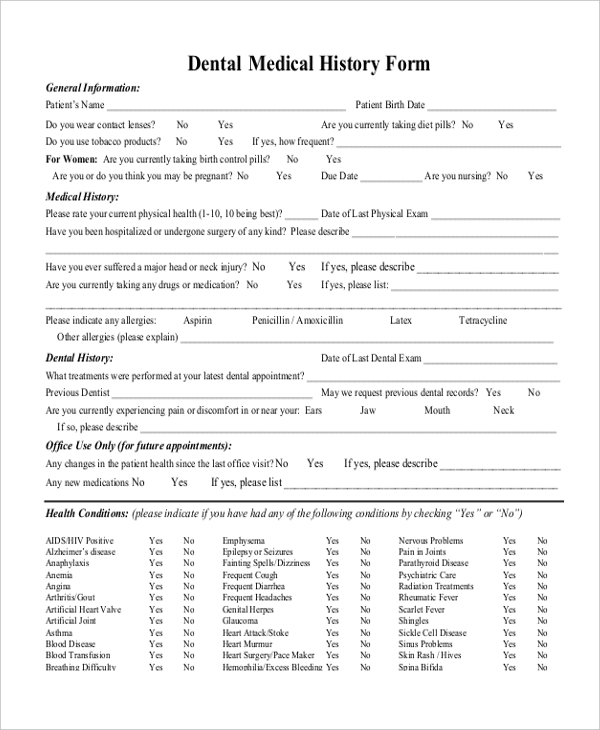 Printable Dental Medical History Form Template Printable Forms Free 