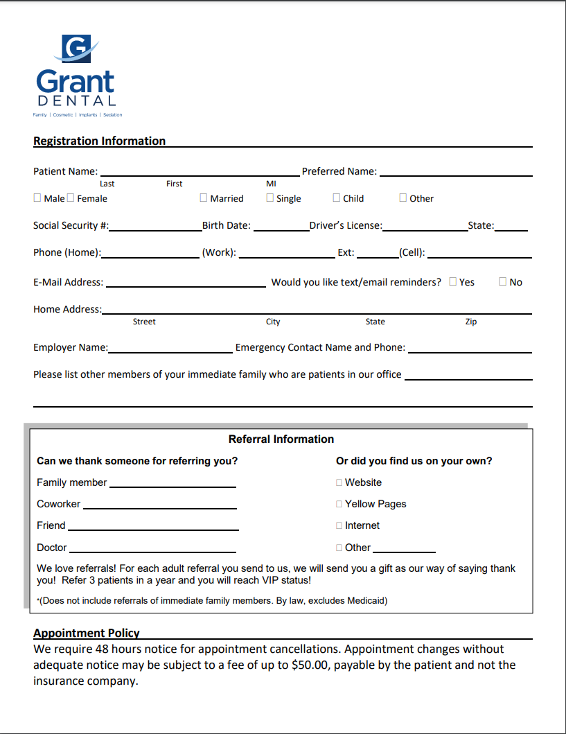 Printable Dental Registration Forms Printable Forms Free Online