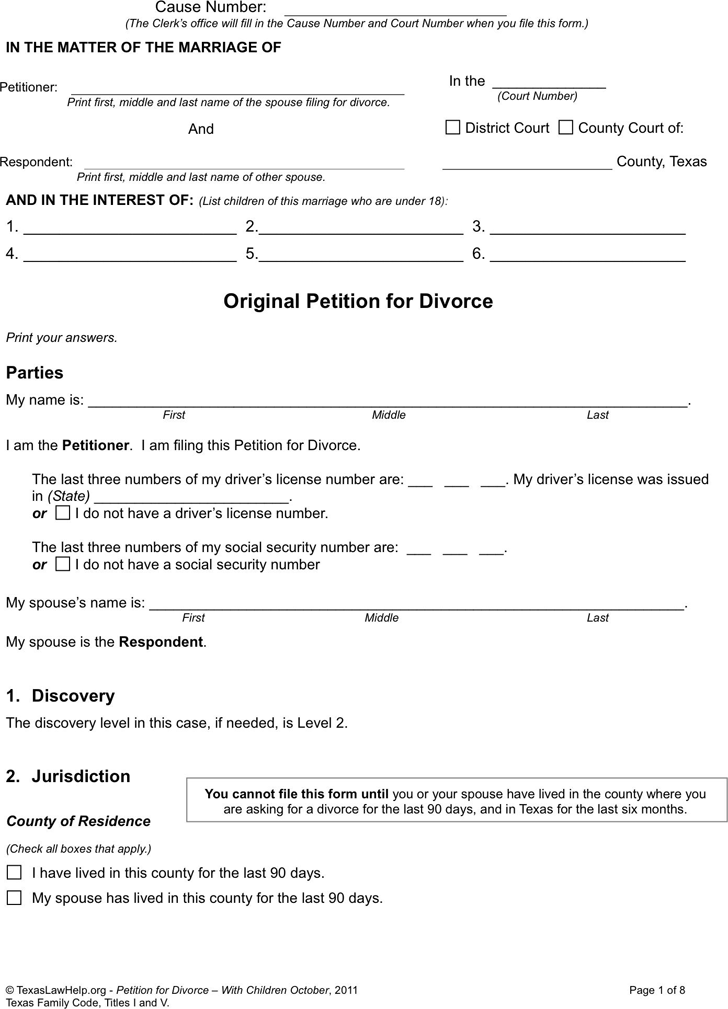 Printable Divorce Forms Texas