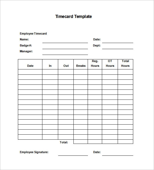 Printable Downloadable Time Card Template Free Templates Printable