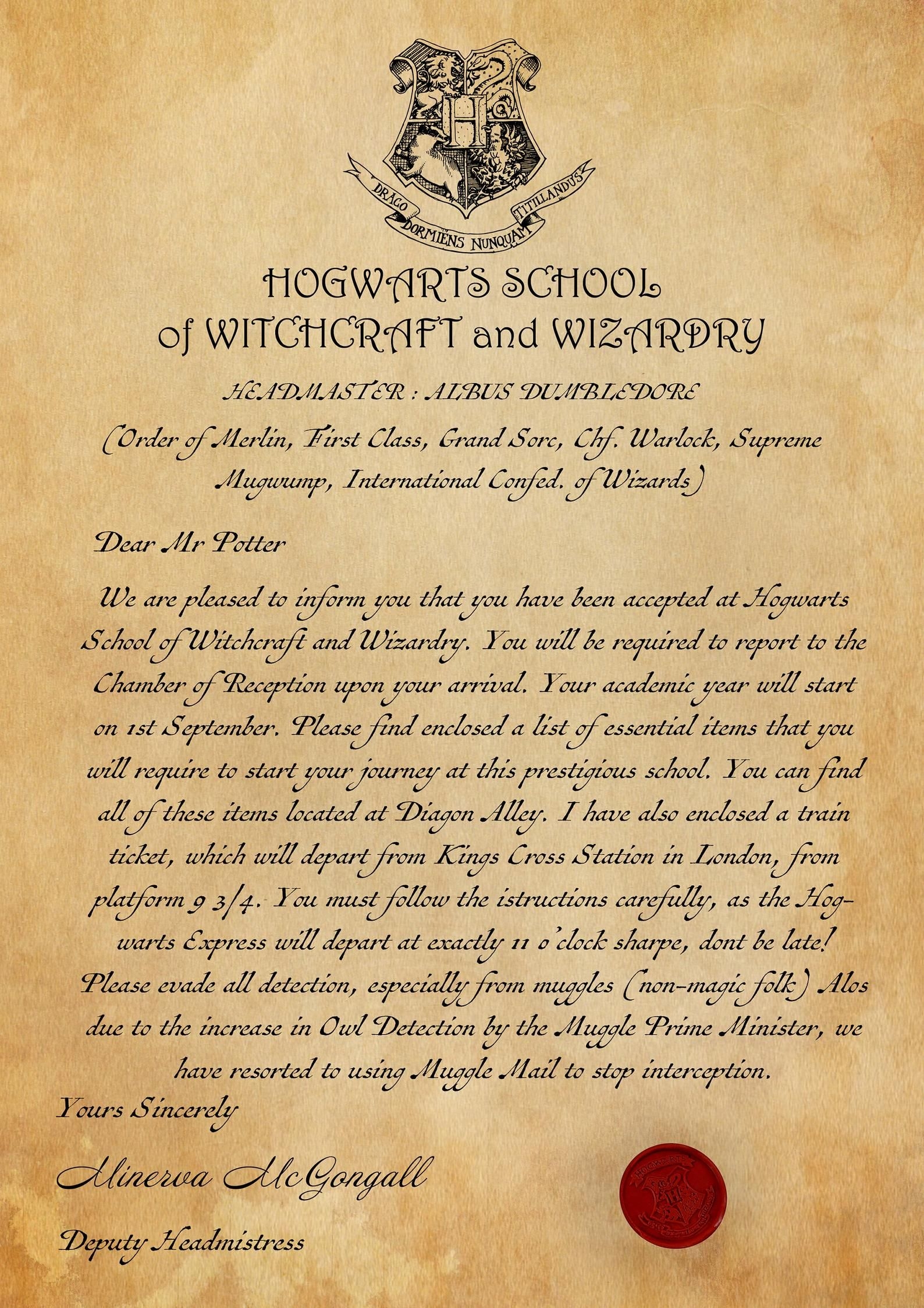 Printable Harry Potter Acceptance Letter