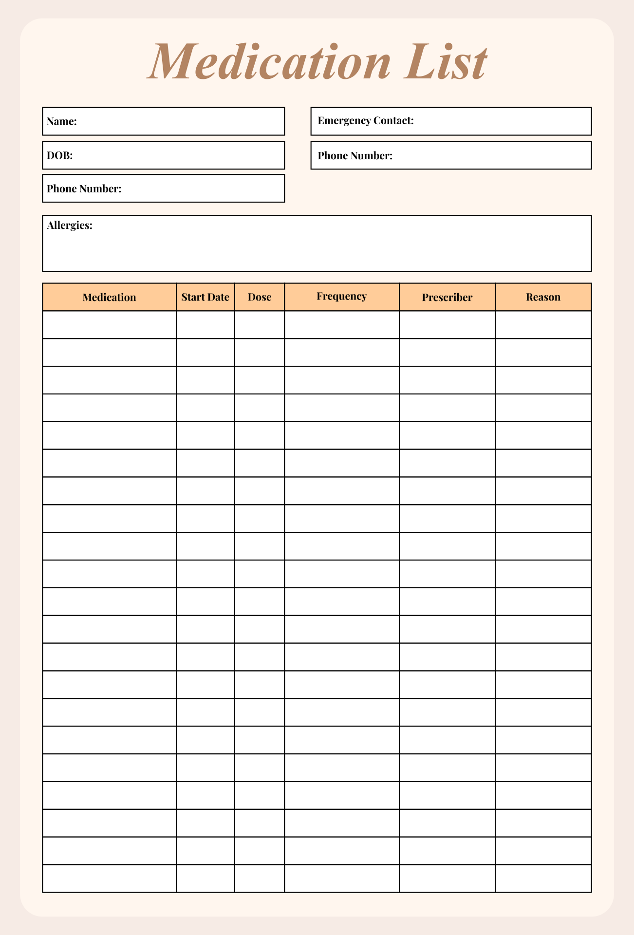 Printable Medication List Form Printable Medication List Form