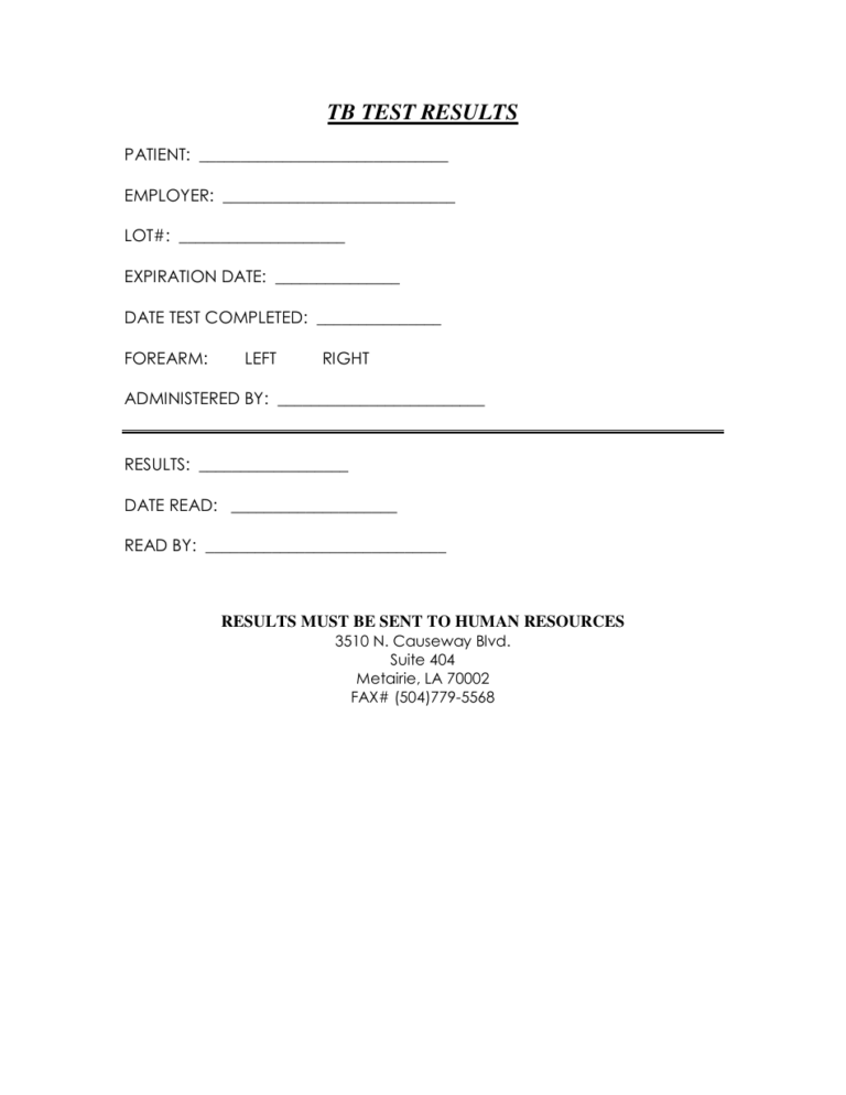 Printable Tb Test Form For Employment