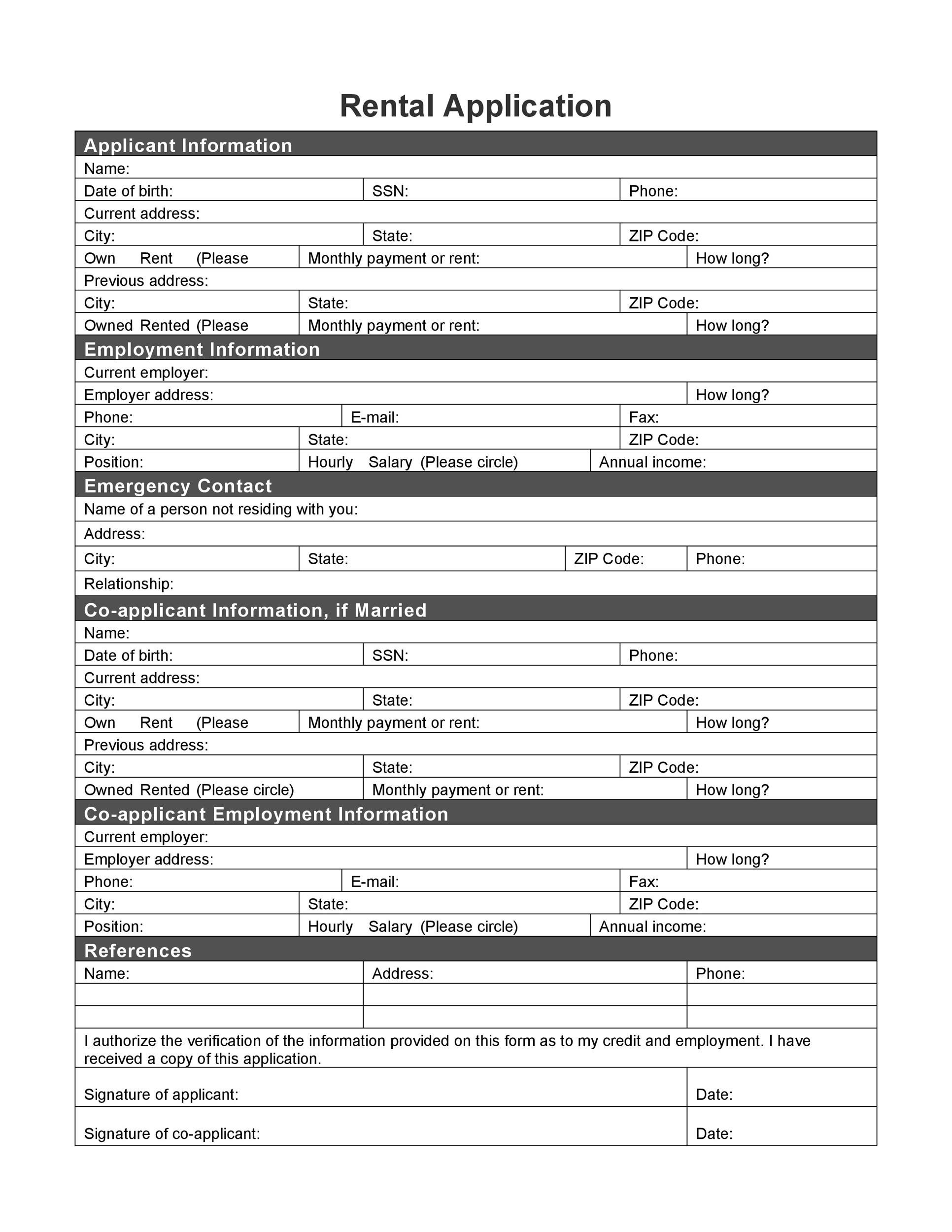 Printable Tenant Application Form