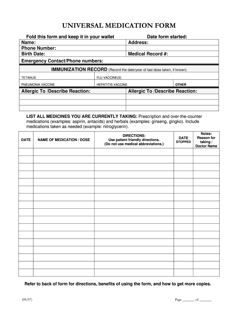 Printable Universal Medication Form Printable Forms Free Online Printable Universal Medication Form Printable Forms Free Online