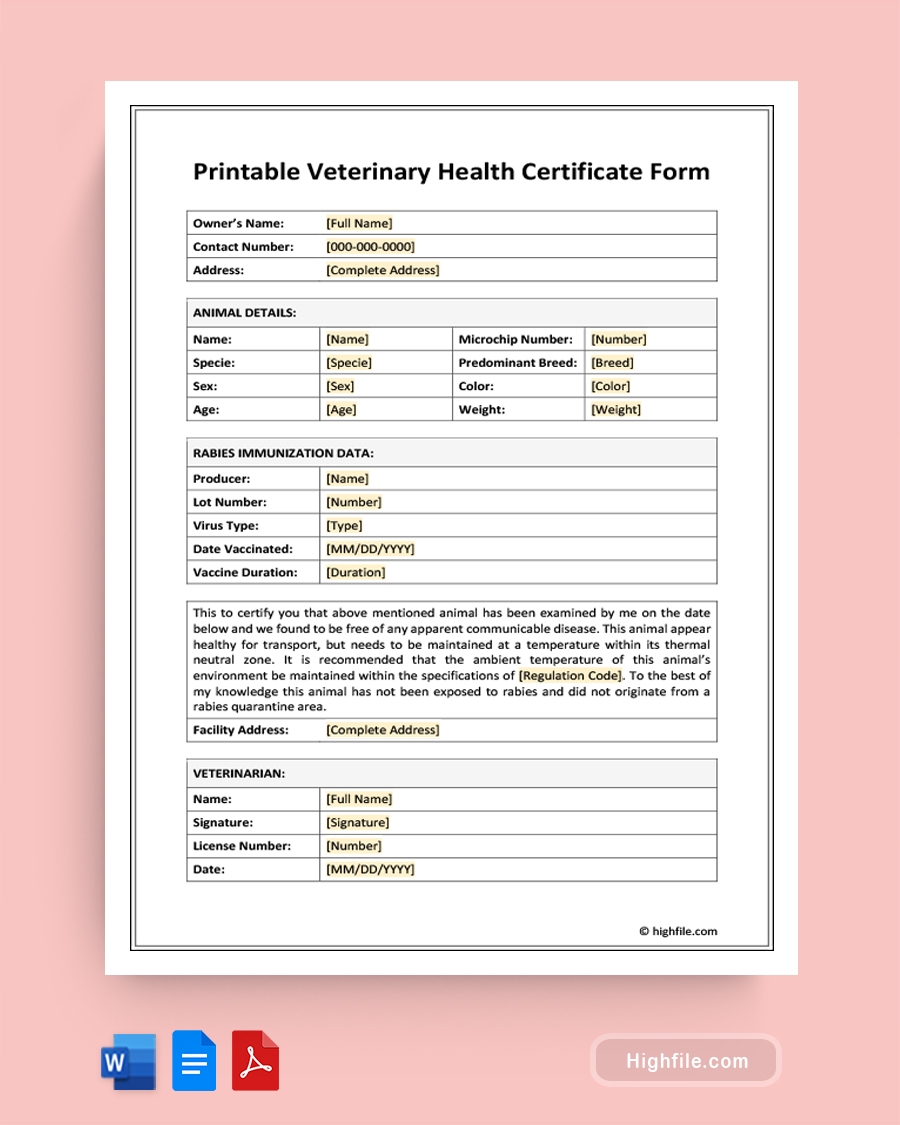 Printable Veterinary Health Certificate Form Word PDF Docs