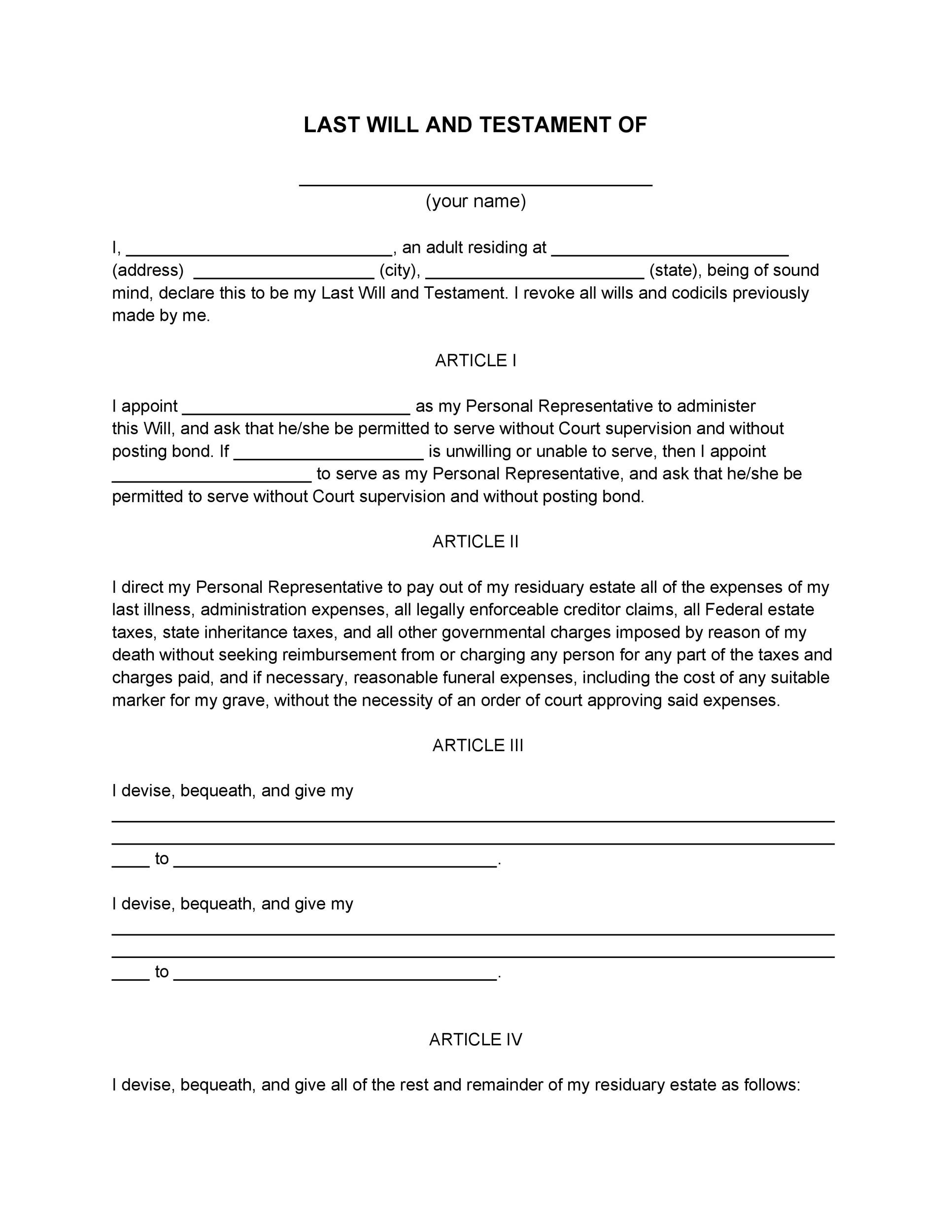 Printable Will And Testament Template Printable Will And Testament Template