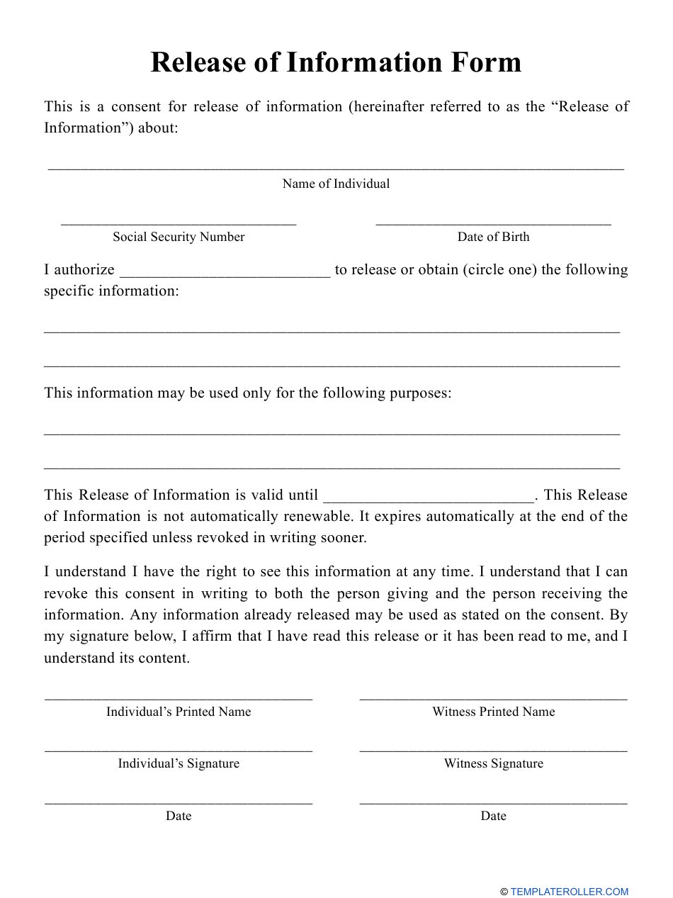 Release Of Information Form Download Printable PDF Templateroller