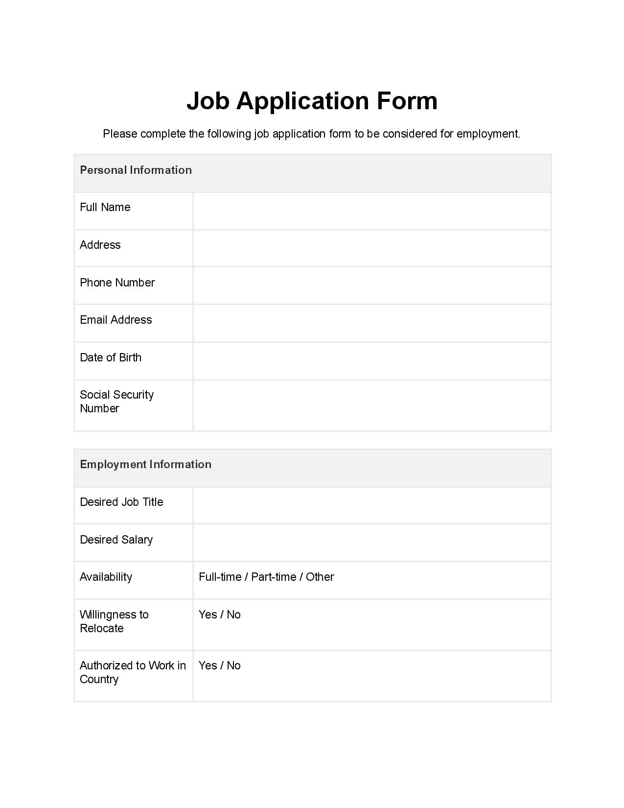 Sample Printable Job Application Forms Printable Forms Free Online Sample Printable Job Application Forms Printable Forms Free Online