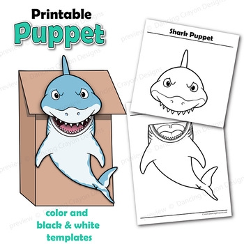 Shark Craft Activity Printable Paper Bag Puppet Template TPT