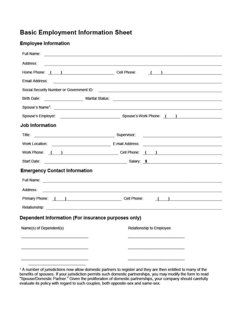 Basic Template Printable Employee Information Form - Informacion Diaria
