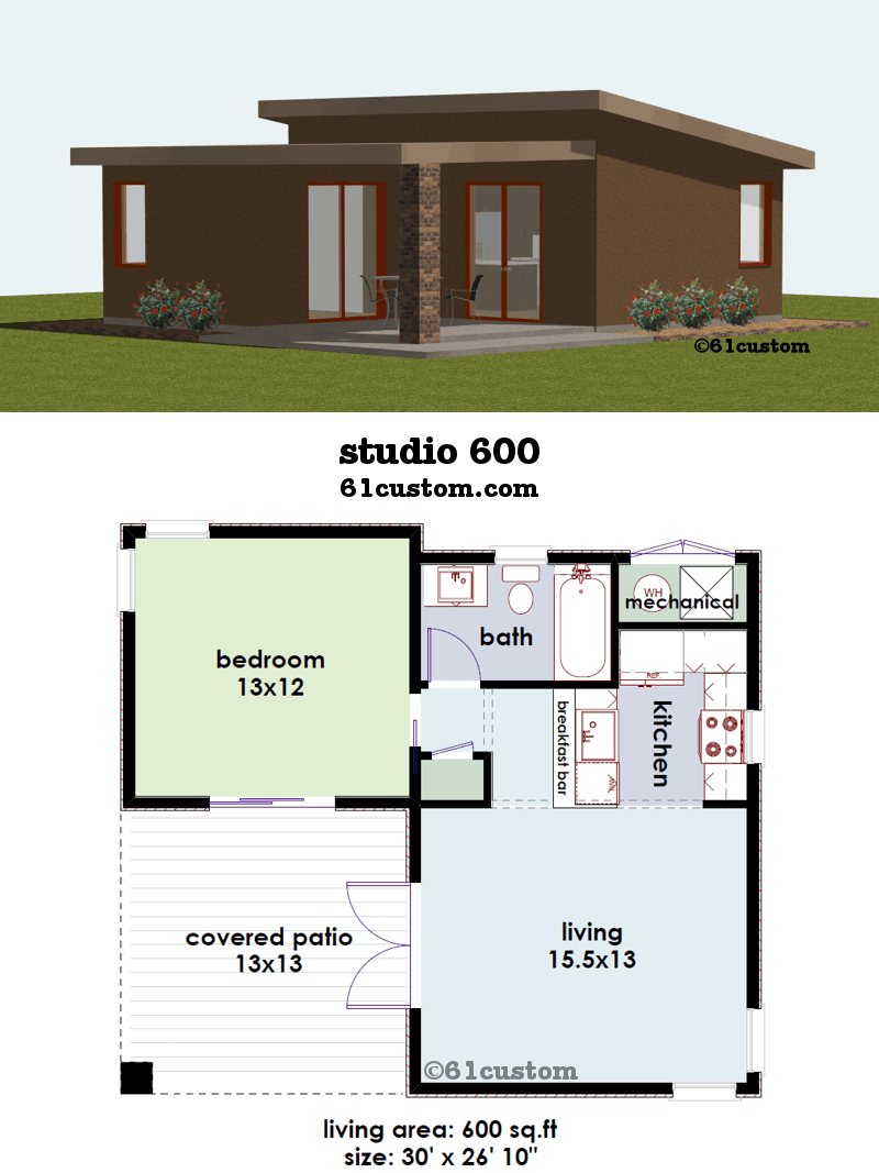 Studio600 Is A 600sqft Contemporary Small House Plan With One Bedroom 