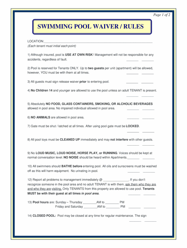 Swimming Pool Waiver Form