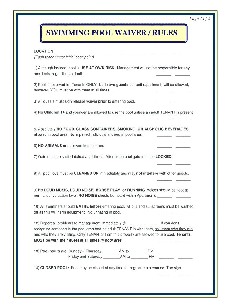 Swimming Pool Waiver Form