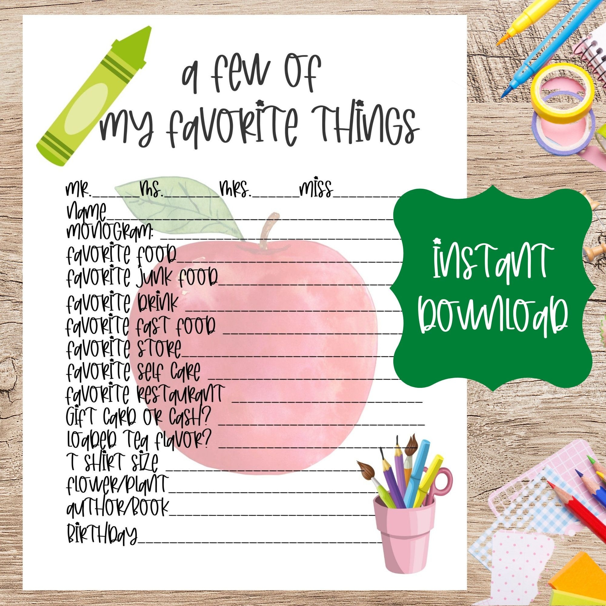 Teacher Favorite Things Form Free Printable