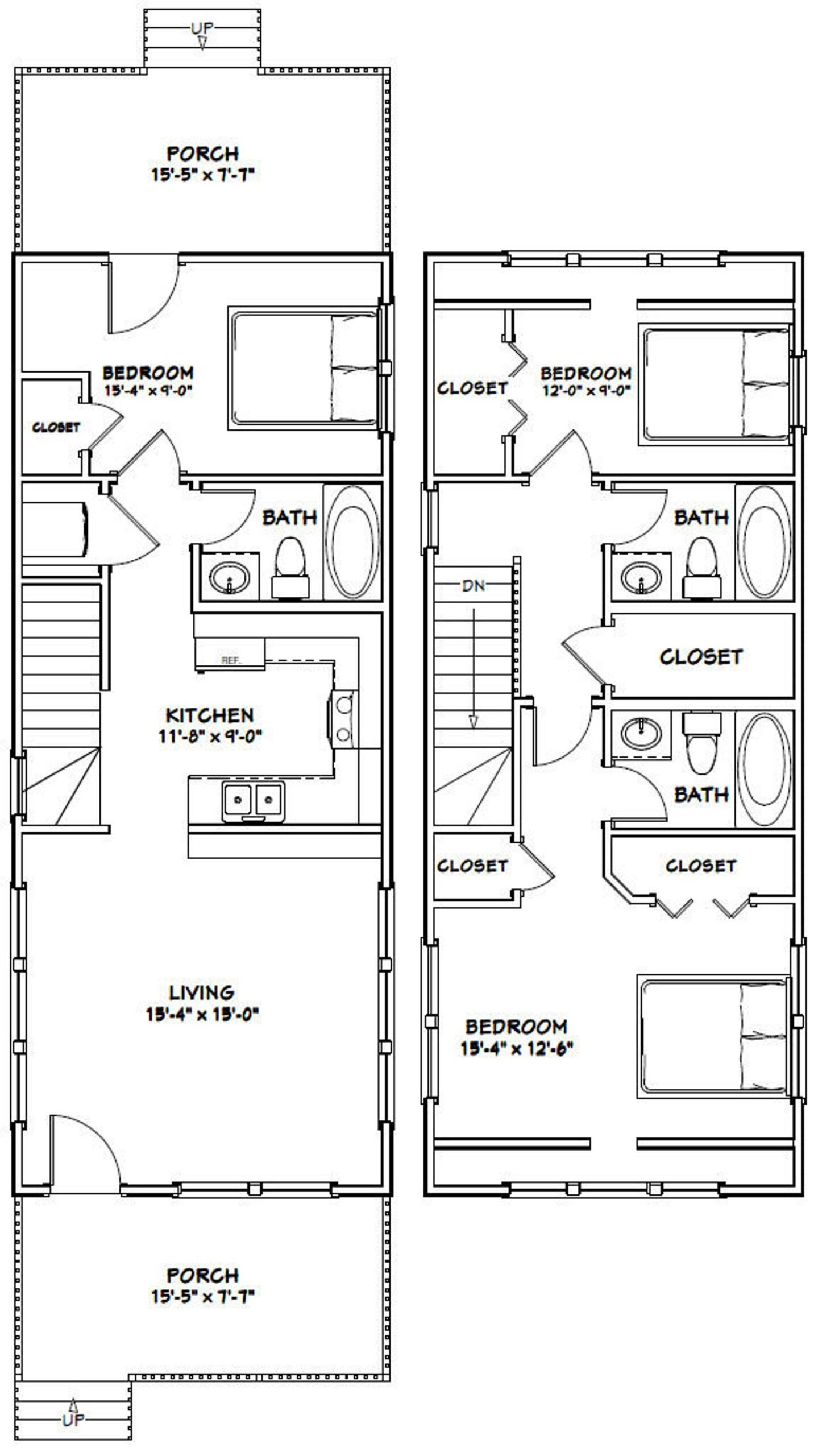 Two Story Townhouse Plans With One Bedroom And An Attached Bathroom In 