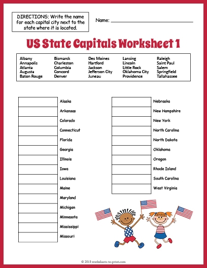 Us States And Capitals Printable Worksheets