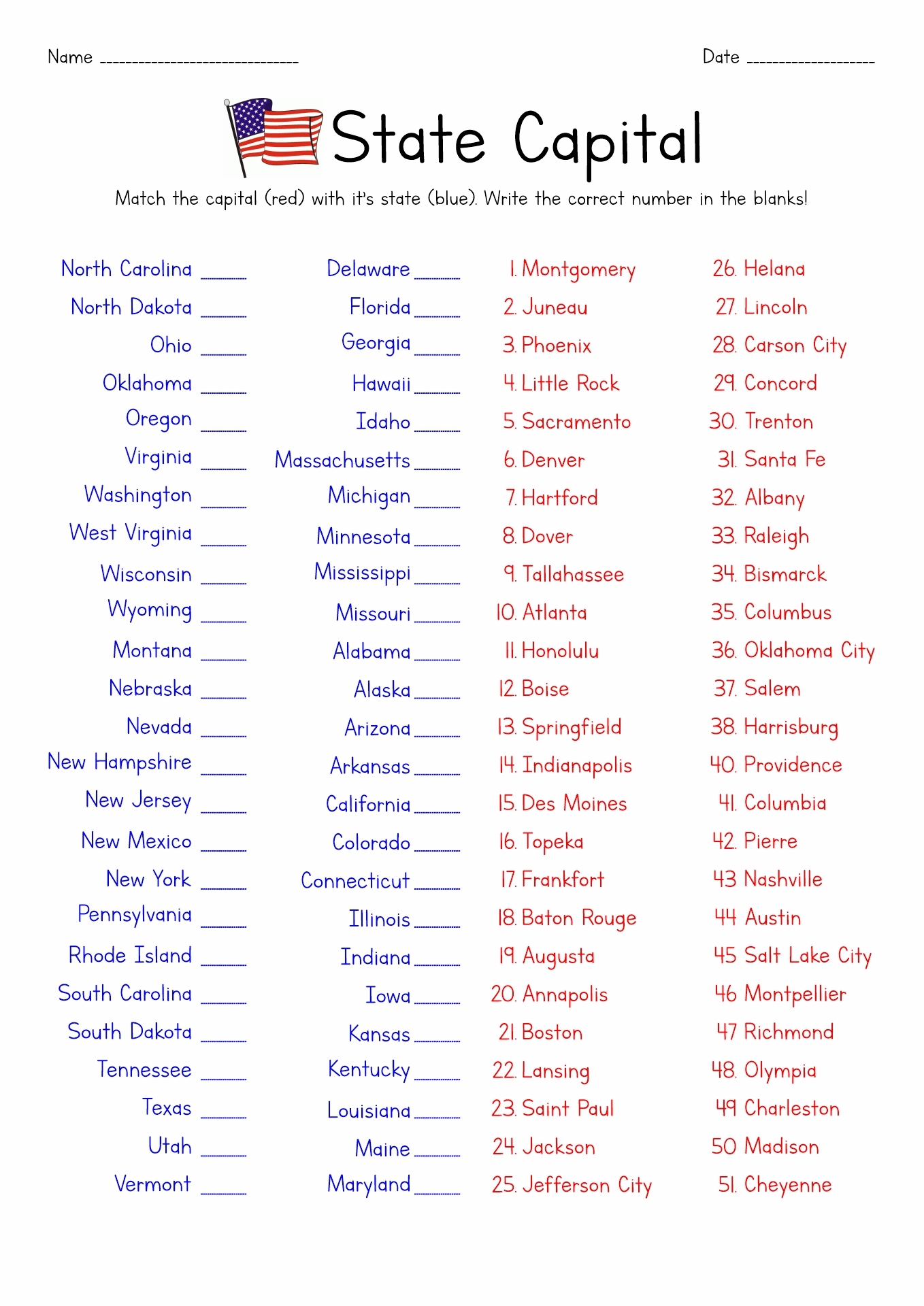 Us States And Capitals Worksheets