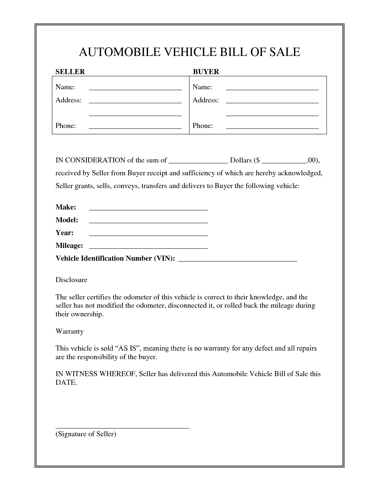 Vehicle Bill Of Sale Free Printable Documents