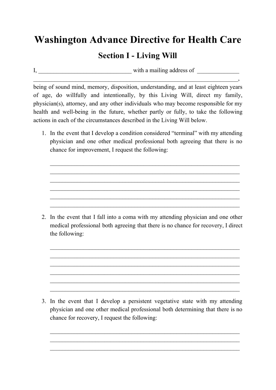Washington Advance Directive For Health Care Form Fill Out Sign 