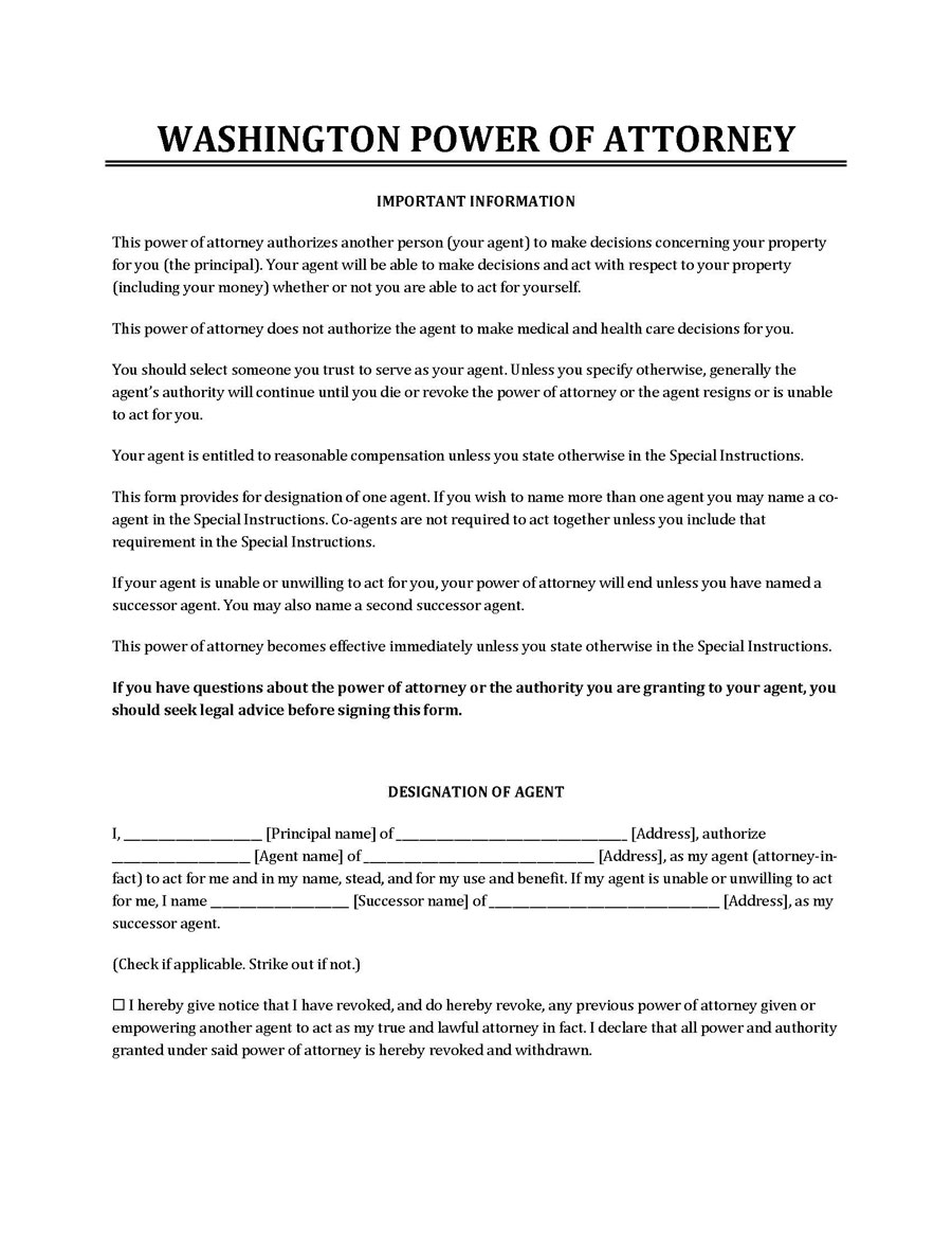 Washington State Power Of Attorney Forms 9 Types PDF Word