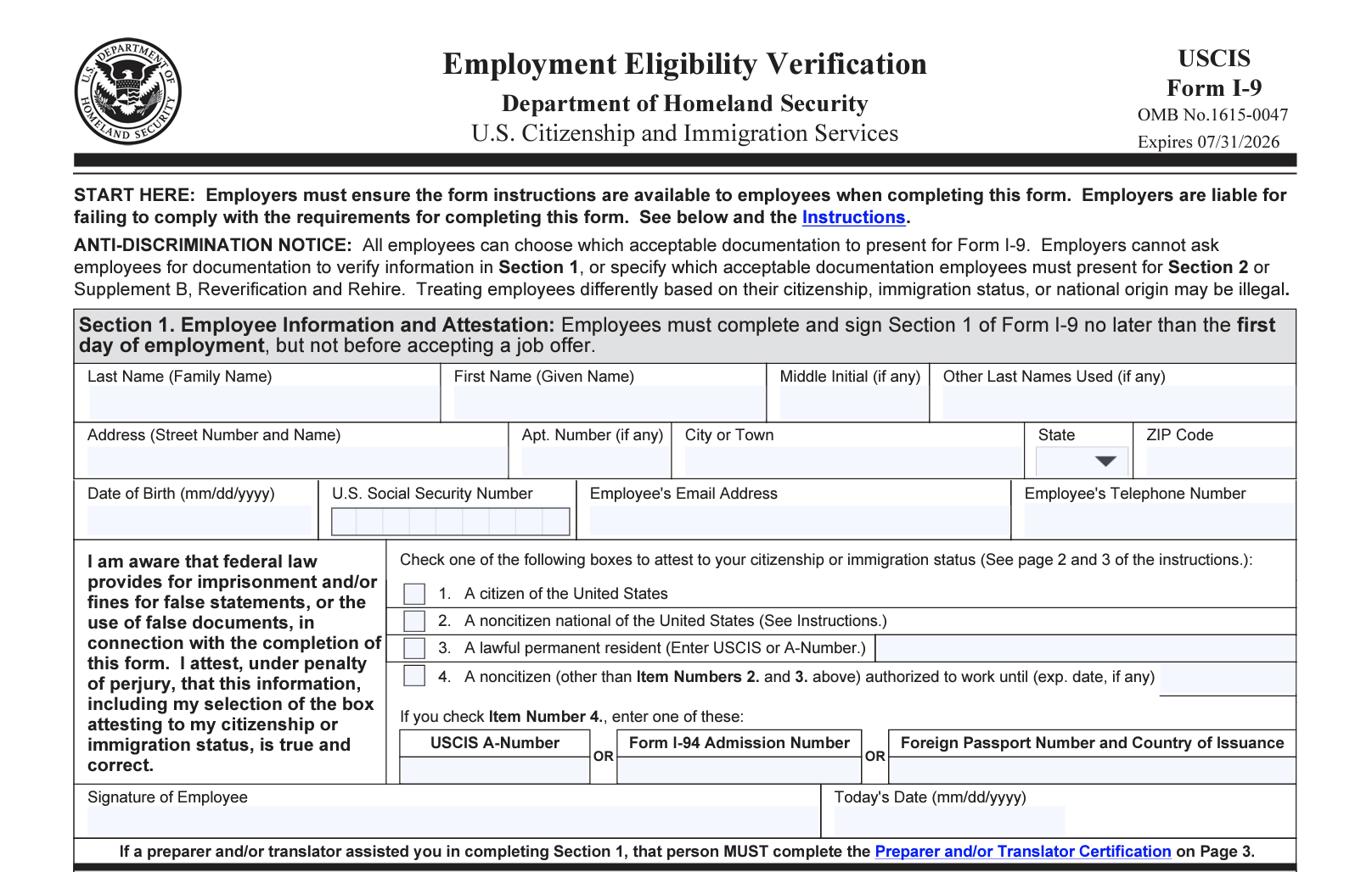 What Is I9 Form For Employment Printable Forms Free Online